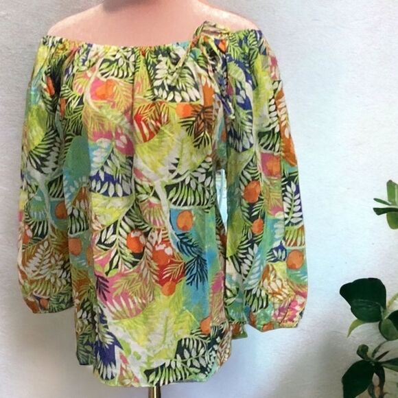 HESTER ORCHARD NWT LINEN BLEND TROPICAL WOMENS TOP BLOUSE BRIGHT OFF SHOULDER - Picture 2 of 12